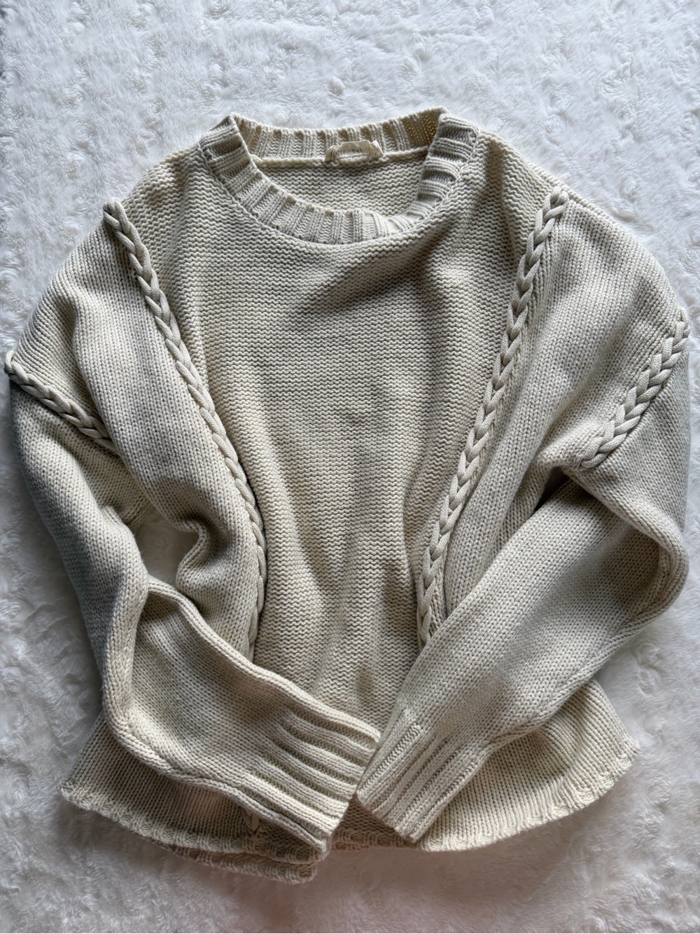 Neutral Cream Cable-Detail Crewneck Sweater Beach Look